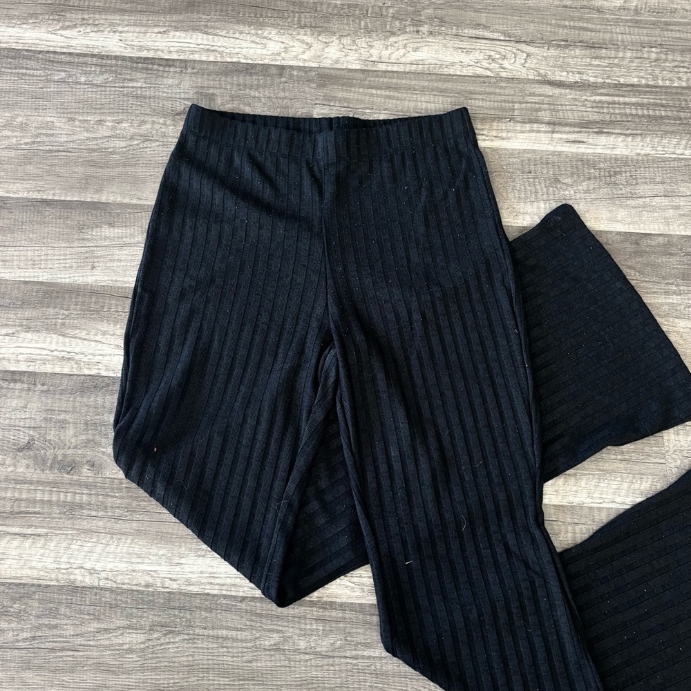 Black Ribbed Knit Flare Pants
